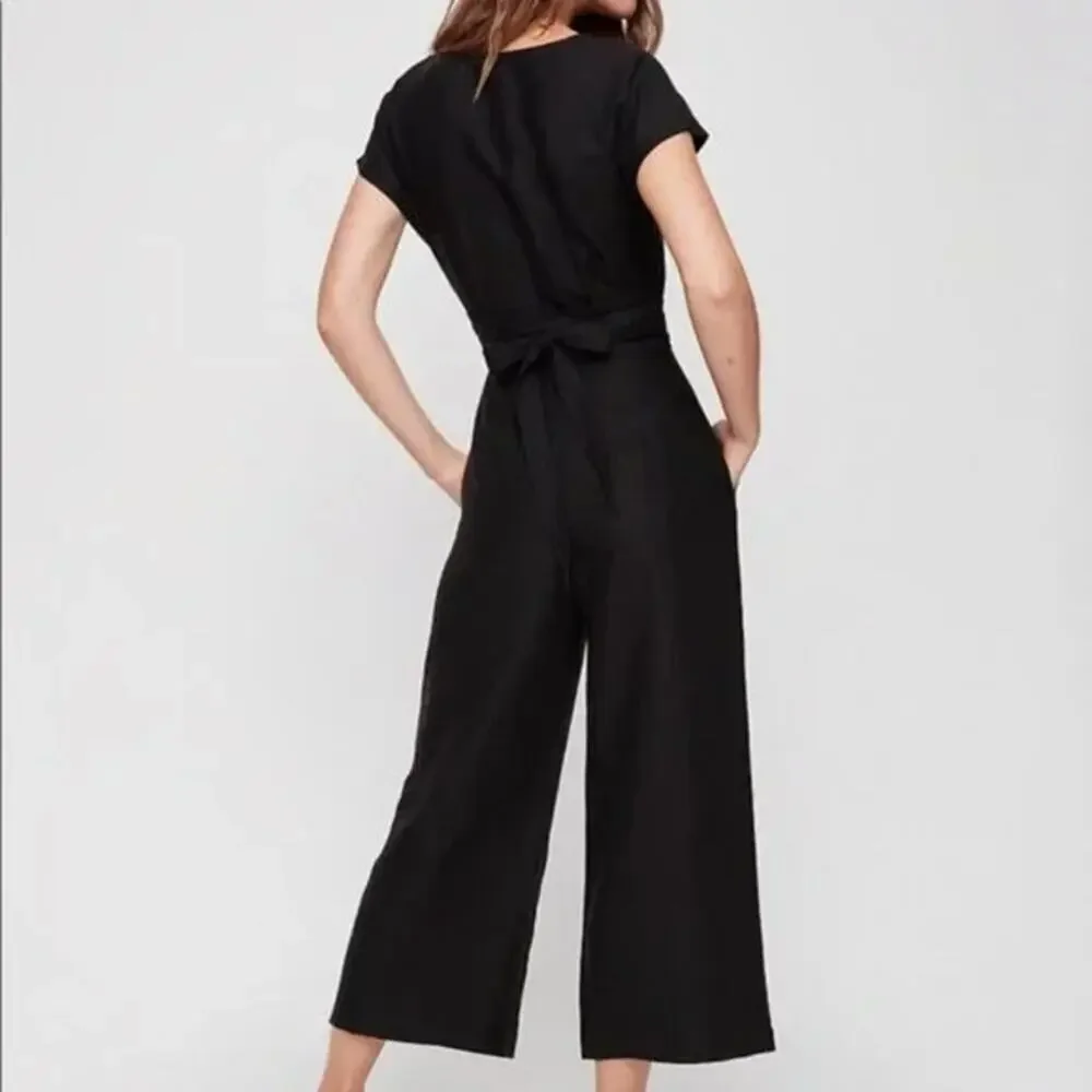 WILFRED Aritzia Brax Linen Blend Wrap Wide Leg Cut Out Jumpsuit Size 0 Black